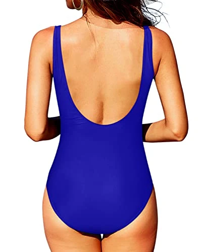 Sexy See Through Mesh Round Neck One Piece Swimsuits-Royal Blue - Image 3