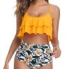 Women's High Waisted Ruffle Ruched 2 Piece Bikini Set-Yellow Floral