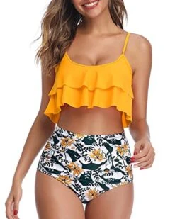 Women's High Waisted Ruffle Ruched 2 Piece Bikini Set-Yellow Floral