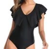 Flounce Sleeve V Neck One Piece Swimsuit For Women-Black