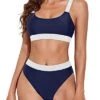 Women High Rise Athletic Bathing Suits Sporty Scoop Neck Bikini-Navy Blue And White