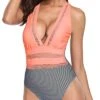 Sexy And Chic Hollow Out V Neck Monokini One Piece Swimsuits-Coral Pink Stripe