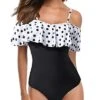 Ruffled Flounce One Piece Swimsuit Off Shoulder Retro Swimwear-White Black Polka Dots