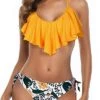 Two Piece Flounce Bikini Side Tie Bottom Ruffled Bikini For Women-Yellow Floral
