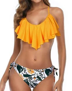 Two Piece Flounce Bikini Side Tie Bottom Ruffled Bikini For Women-Yellow Floral