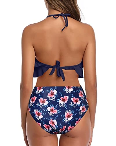 Modest Vintage Halter Two Piece Swimsuits Removable Padded Bra-Navy Blue Floral - Image 2