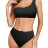 Women's One Shoulder High Waisted High Cut Bikini Set-Black