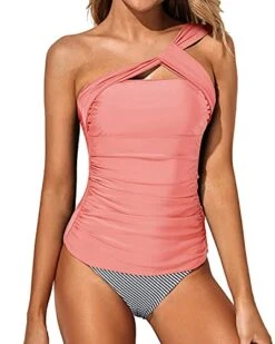 Women's Asymmetrical One Shoulder Tankini Shorts-Coral Pink Stripe