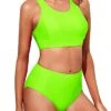 Two Piece High Waisted Bikini Set Full Coverage Bottom For Women-Neon Green