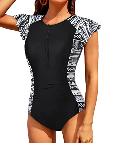 Women's Tummy Control Short Sleeve One Piece Rash Guard-Black Tribal - Image 4
