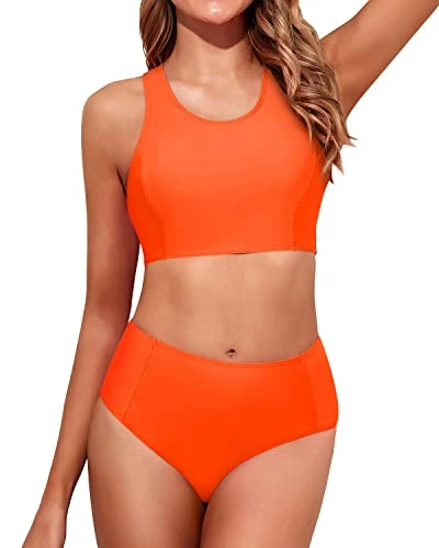 High Waisted Bikini Set Full Coverage Bottom-Neon Orange - Image 2