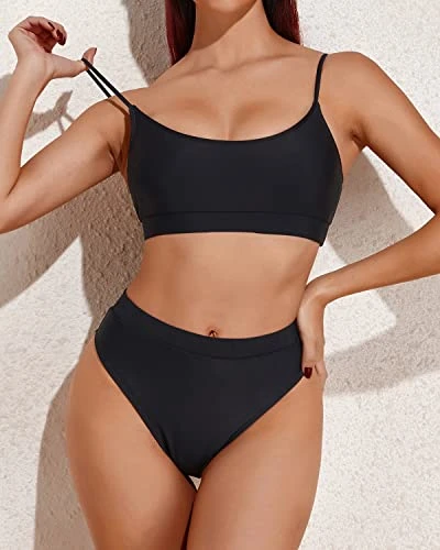 Sexy Sporty Scoop Neck Two Piece High Waisted Bikini-Black - Image 4