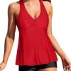 V Neck Tankini Swimwear Racerback And Boyshort-Neon Red