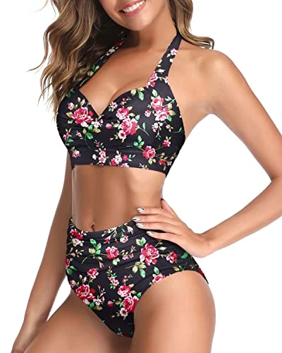 High Waist High-Cut Legs Halter Ruched High Waist Bikini-Black Floral - Image 3