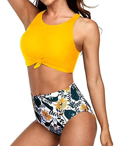 Modest High Neck Bikini Sporty Two Piece Swimsuits-Yellow Floral - Image 3