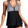 Racerback Tankini Swimsuit Removable Padded Push Up Bras And Boyshort-Black Plaid