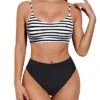 Fashionable High Waisted Bikini Sporty Scoop Neck Swimsuits-Black And White Stripe