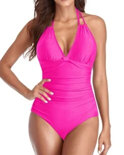 Sexy Long Torso Swimwear Black Halter Bathing Suits-Neon Pink
