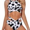 Straps Criss Cross Bandage Two Piece Bathing Suits-Black And White Cow Pattern