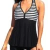 Loose Fit Tankini Top Racerback And Tummy Control Boyshort-Black And White Stripe