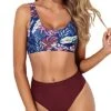 High Cut Scoop Neck Bikini Crop Top High Cut Swimsuit-Purple Leaf