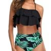 Elegant High Waisted Halter Bikini Set Tiered Ruffles For Women-Black And Green Leaf