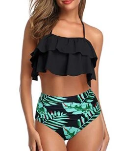 Elegant High Waisted Halter Bikini Set Tiered Ruffles For Women-Black And Green Leaf