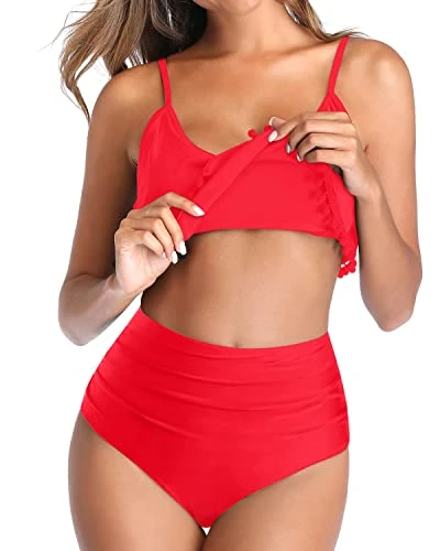 Full Coverage Tummy Control Two Piece Bikini Swimsuit-Neon Red - Image 4