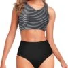 Women's Two Piece Scoop Neck High Waisted Bikini Set-Black And White Stripe