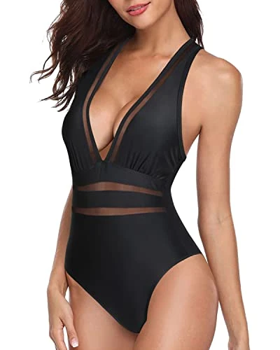 Women One Piece Plunge V Neck Monokini Sexy Hollow Out Swimsuits-Black - Image 3