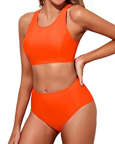 High Waisted Bikini Set Full Coverage Bottom-Neon Orange - Image 3