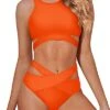 Halter-Style Cutout Swimsuit Two Piece High Neck Bikini Set-Neon Orange
