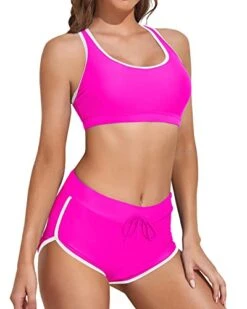 Women Two Piece Sports Bikini Athletic Swimsuits For Girls Vests-Pink White