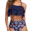 Modest Vintage Halter Two Piece Swimsuits Removable Padded Bra-Navy Blue Floral