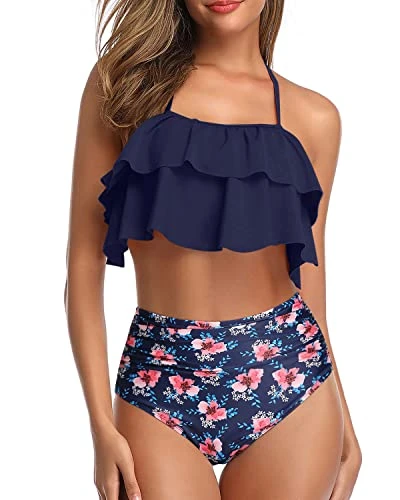 Modest Vintage Halter Two Piece Swimsuits Removable Padded Bra-Navy Blue Floral