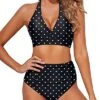 Figure Flattering Two Piece High Waisted Bikini Set-Black Dot