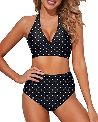 Figure Flattering Two Piece High Waisted Bikini Set-Black Dot