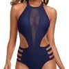Attractive Mesh Cutout Halter Monokini Swimwear For Women-Navy Blue