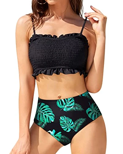 High Cut Bandeau Two Piece Bikini Tummy Control Bottoms-Black Leaf