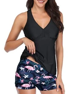 Padded Push Up Two Piece Boyshort And Shorts For V Neck Swimsuit-Black Flamingo