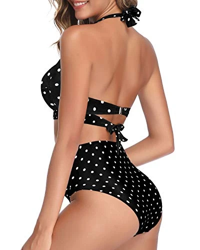 Adjustable Self-Tie Halter Neck Vintage High Waisted Bikini-Black Dot - Image 4