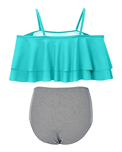 Attractive Off Shoulder Two Piece Bikini For Women-Aqua Stripe - Image 4