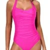 Slimming Bathing Suits Halter Vintage Swimwear-Neon Pink