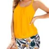 Two Piece Tankini Swimsuits Blouson Top & Boyshorts For Women-Yellow Floral