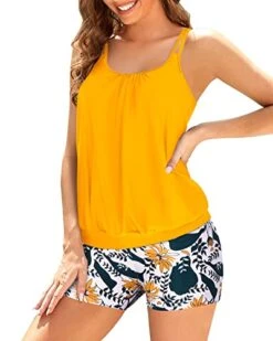 Two Piece Tankini Swimsuits Blouson Top & Boyshorts For Women-Yellow Floral