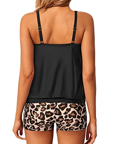 High Waisted Boy Shorts Tankini Bottoms Blouson Tankini Swimsuits-Black And Leopard - Image 2
