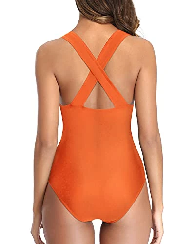 Criss-Cross Back Long Torso V Neck One Piece Swimsuits-Orange - Image 4