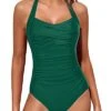 Push Up One Piece Swimsuits Halter Vintage Swimwear-Emerald Green
