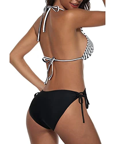 Halter Top Tie Side Bottom Thong Bikini Swimsuit For Women-Black And White Stripe - Image 2