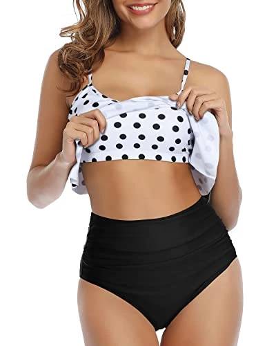 Elegant Ruffle High Waisted Ruched Women's 2 Piece Bikini Set-White Black Polka Dots - Image 2